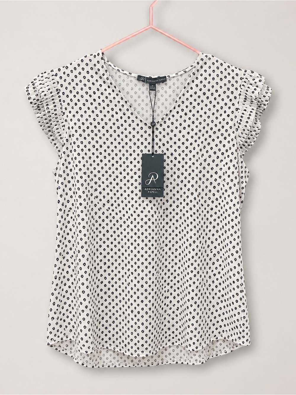 Adrianna Papell White Polka Dot V-Neck Flutter Sleeve Blouse - Picture 1 of 2